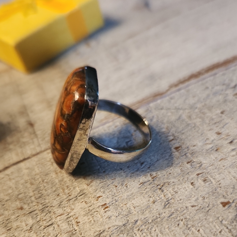 Red Copper Turquoise Size 9 .925 Sterling,Amber Orange and Brown Statement Ring - Picture 4 of 4